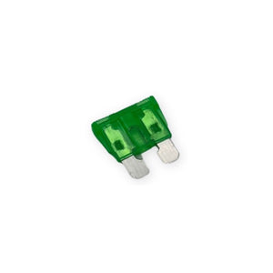 Grøn 30Amp bilsikring med transparent plastkappe og metalblade til sikring af elektriske kredsløb.