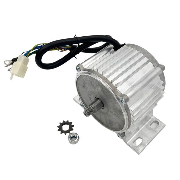 1200W 48V brushless elektrisk motor til Crosser med tilhørende møtrik og tandhjul, sølvfarvet med køleplader og sort kabel.