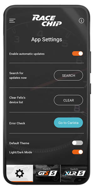 RaceChip plus-app med automatiske opdateringsindstillinger