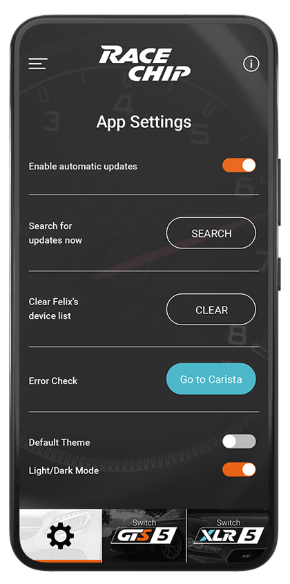 RaceChip plus-app med automatiske opdateringsindstillinger
