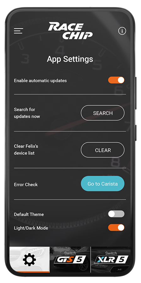 RaceChip plus-app med automatiske opdateringsindstillinger