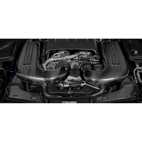 Eventuri carbon indsugningssystem til Mercedes X205 C63/C63S AMG varianter med højtydende luftfiltre og kulfiber komponenter.
