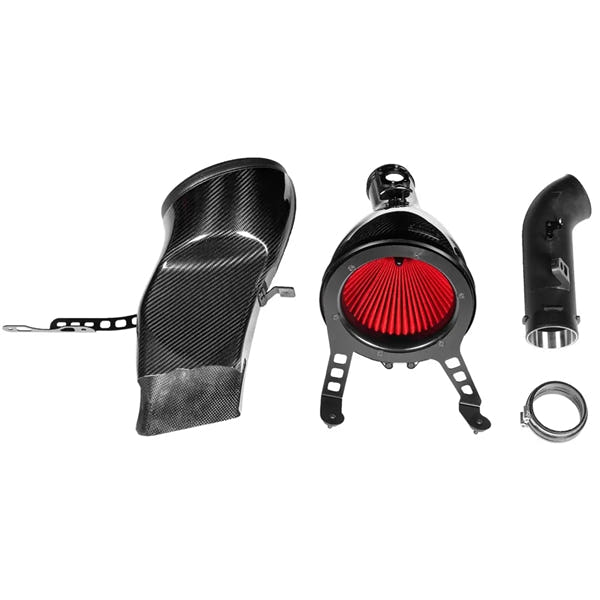 Eventuri Carbon Intake Gloss til Toyota GR Yaris med rødt luftfilter og kulfiberkomponenter set fra fronten på hvid baggrund