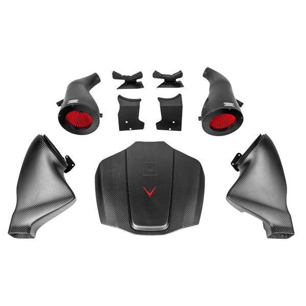 Eventuri Carbon Intake Matte Finish sæt til Mercedes C190/R190 AMG GTR, GTS, GT med kulfiber luftindtag og røde filtre.