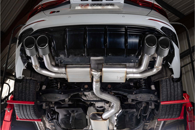 Scorpion GPF-back udstødning til Audi S3 med ventiler – resoneret, set nedefra