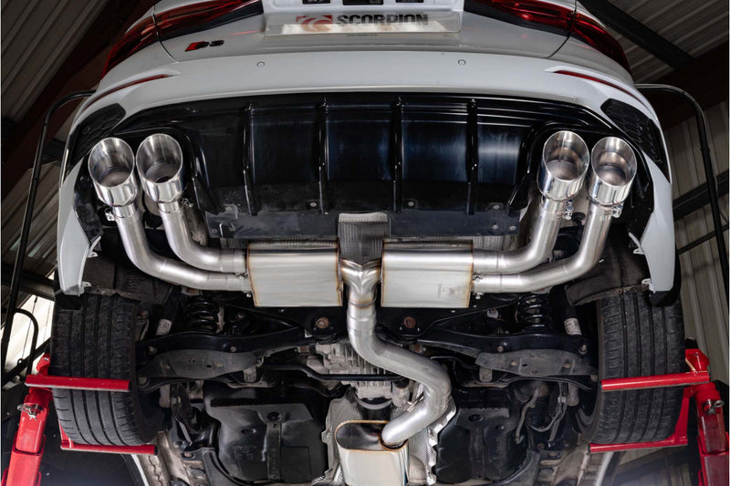 Scorpion GPF-back udstødning til Audi S3 – resoneret, set nedefra