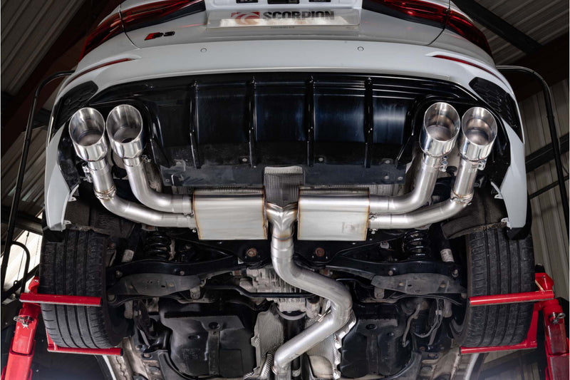 Scorpion GPF-back udstødning til Audi S3 med ventiler – ikke-resoneret, set nedefra