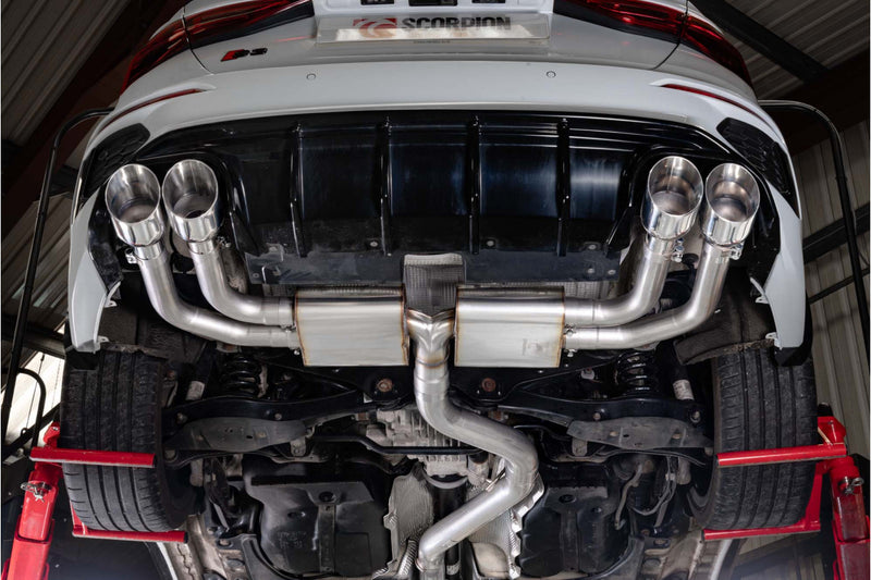 Scorpion GPF-back udstødning til Audi S3 – ikke-resoneret, set nedefra