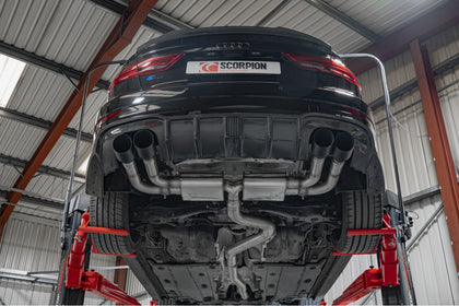 Scorpion GPF-back udstødning til Audi S3 med ventiler – ikke-resoneret, Daytona Ceramic, set nedefra