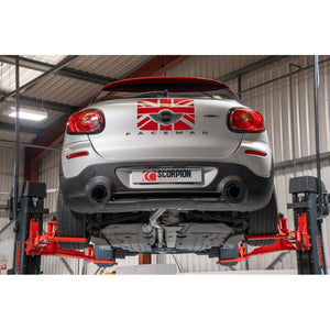 Scorpion cat-back udstødning til Mini Countryman – ikke-resoneret, Daytona Ceramic, set bagfra