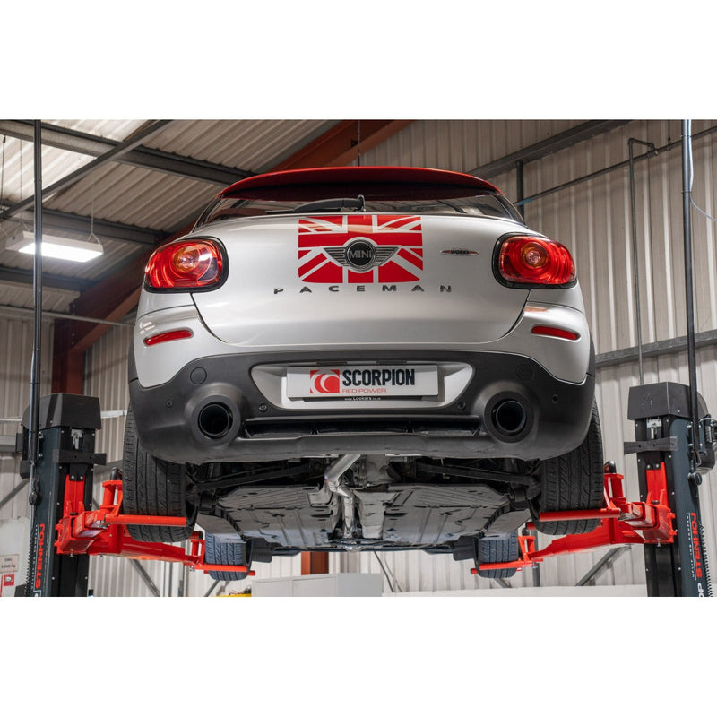 Scorpion cat-back udstødning til Mini Countryman – ikke-resoneret, Daytona Ceramic, set bagfra