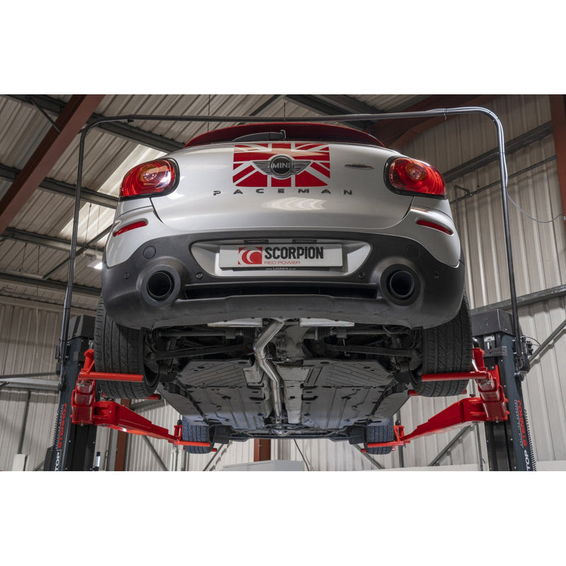 Scorpion cat-back udstødning til Mini Countryman – ikke-resoneret, Daytona Ceramic, set nedefra