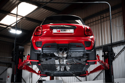 Scorpion cat-back udstødning til Mini Cooper S F56 med ventiler, Daytona Ceramic, set bagfra