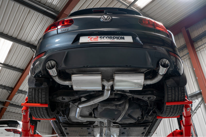 Scorpion cat-back udstødning til VW MK6 Golf GTI – ikke-resoneret, Daytona, set nedefra