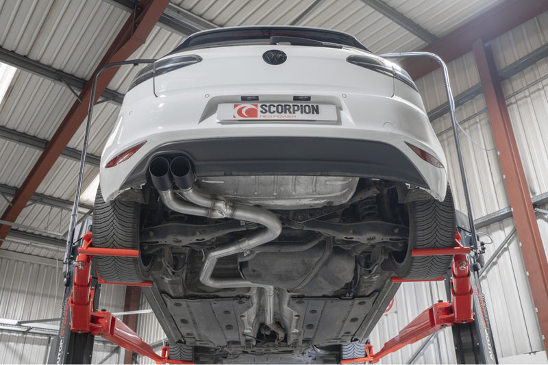Scorpion cat-back udstødning til VW Golf MK7 GTD – ikke-resoneret, Daytona (Twin), set nedefra