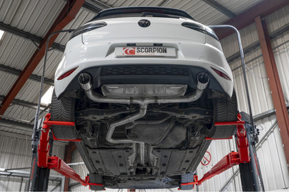 Scorpion cat-back udstødning til VW Golf MK7 GTD – ikke-resoneret, Daytona (Twin) Ceramic, set nedefra