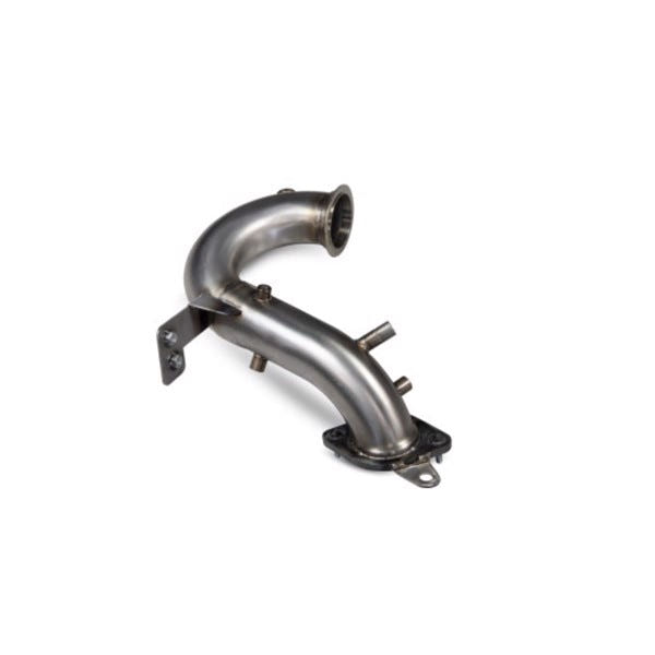 Scorpion DE-CAT/GPF Delete Downpipe til Renault Megane R.S. 300 Trophy i rustfrit stål med buet design og monteringsbeslag.