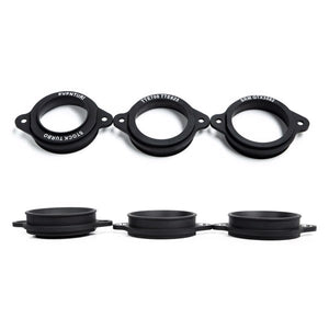 Eventuri TTE700/625 Turbo Flange i sort, designet til RS3/TTRS carbon turbo inlet, set forfra og fra siden på hvid baggrund