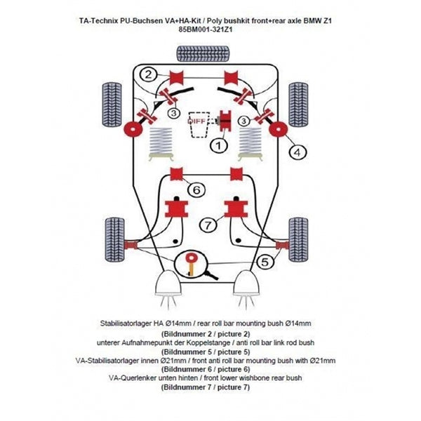TA-Technix Poly Bøsningskit BMW Z1 – Understellingsdiagram 85BM001-321Z1