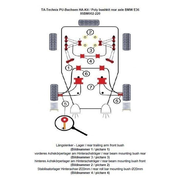 TA-Technix Poly Bøsningskit BMW 3 Serie E36 – Understellingsdiagram 85BM002-220