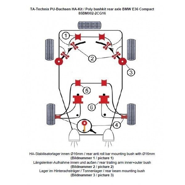 TA-Technix Poly Bøsningskit BMW 3 Serie E36 – Understellingsdiagram 85BM002-2CG16