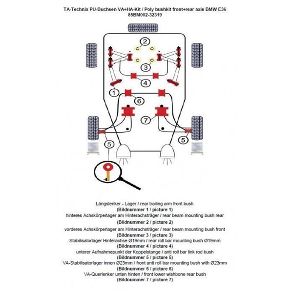 TA-Technix Poly Bøsningskit BMW 3 Serie E36 – Understellingsdiagram 85BM002-32319