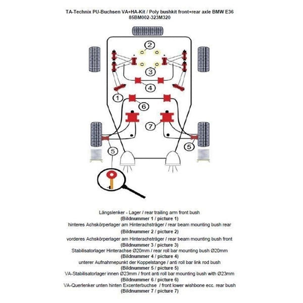 TA-Technix Poly Bøsningskit BMW 3 Serie E36 – Understellingsdiagram 85BM002-323M320