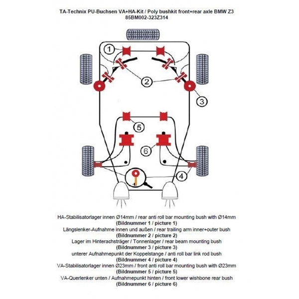 TA-Technix Poly Bøsningskit BMW Z3 – Understellingsdiagram 85BM002-323Z314