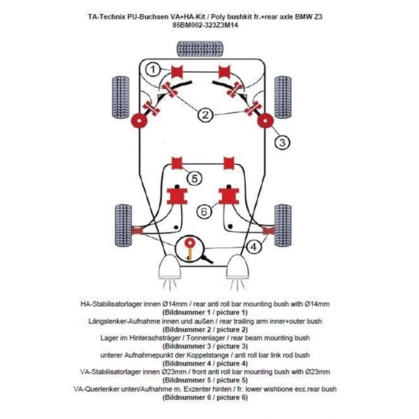 TA-Technix Poly Bøsningskit BMW Z3 – Understellingsdiagram 85BM002-323Z3M14