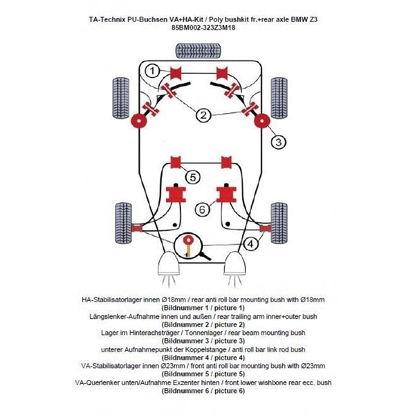 TA-Technix Poly Bøsningskit BMW Z3 – Understellingsdiagram 85BM002-323Z3M18