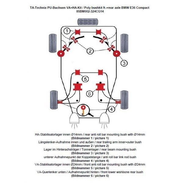 TA-Technix Poly Bøsningskit BMW 3 Serie E36 – Suspension nummereret tegning