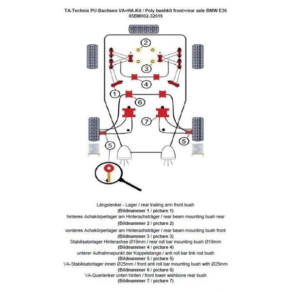 TA-Technix Poly Bøsningskit BMW 3 Serie E36 – Suspension skema rødt system