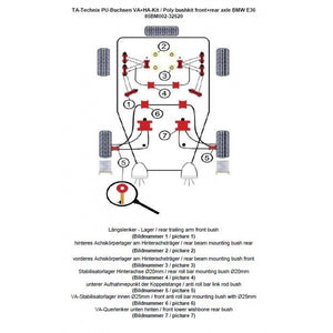 TA-Technix Poly Bøsningskit BMW 3 Serie E36 – Suspension schematic nummererede dele