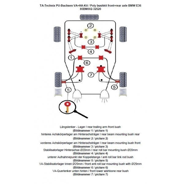 TA-Technix Poly Bøsningskit BMW 3 Serie E36 – Suspension schematic nummererede dele