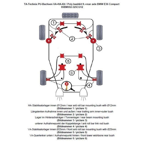 TA-Technix Poly Bøsningskit BMW 3 Serie E36 – Fremhjul fokus nummereret diagram