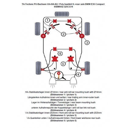TA-Technix Poly Bøsningskit BMW 3 Serie E36 – Layout tegning rødt sort