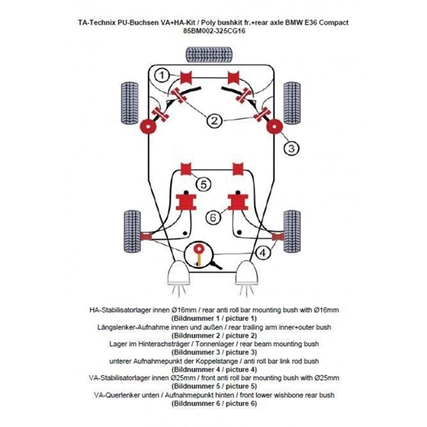 TA-Technix Poly Bøsningskit BMW 3 Serie E36 – Minimalist diagram rødt system