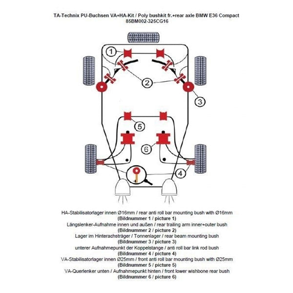 TA-Technix Poly Bøsningskit BMW 3 Serie E36 – Minimalist diagram rødt system
