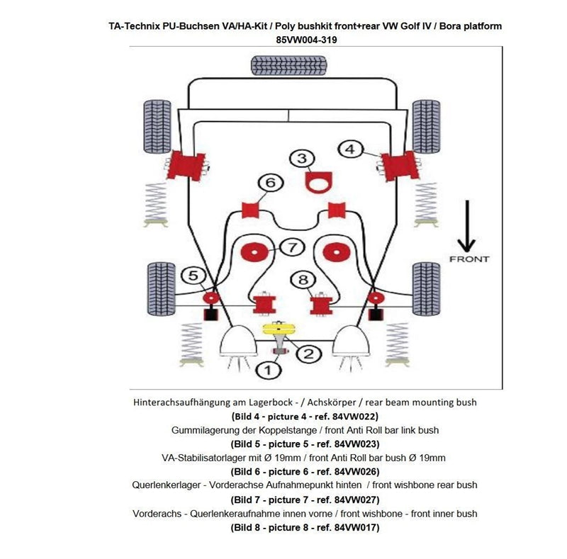 TA-Technix undervognsdel – 85VW004 forsuspension monteringsdiagram numre