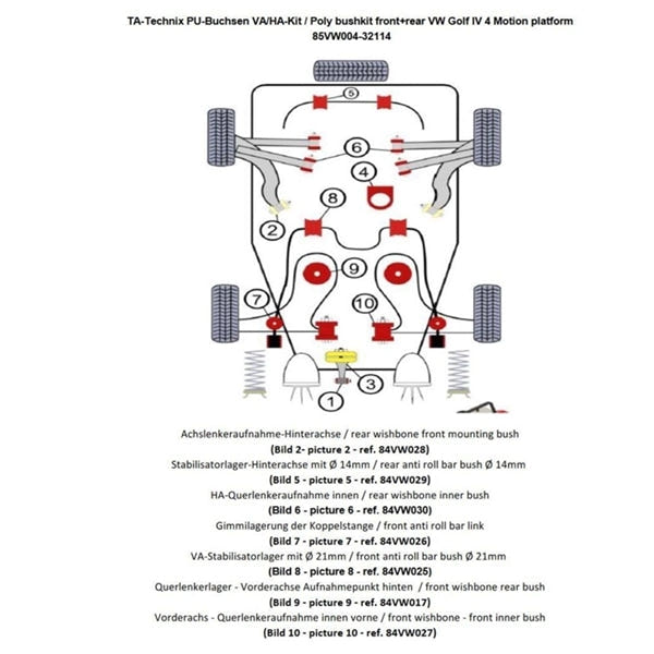 TA-Technix Poly Bøsningskit Audi A3 8L – 85VW004 forsuspension teknisk tegning