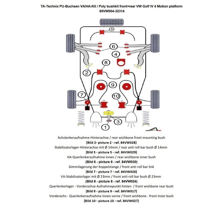 TA-Technix undervognsdel – 85VW004 forsuspension monteringsskema rødt