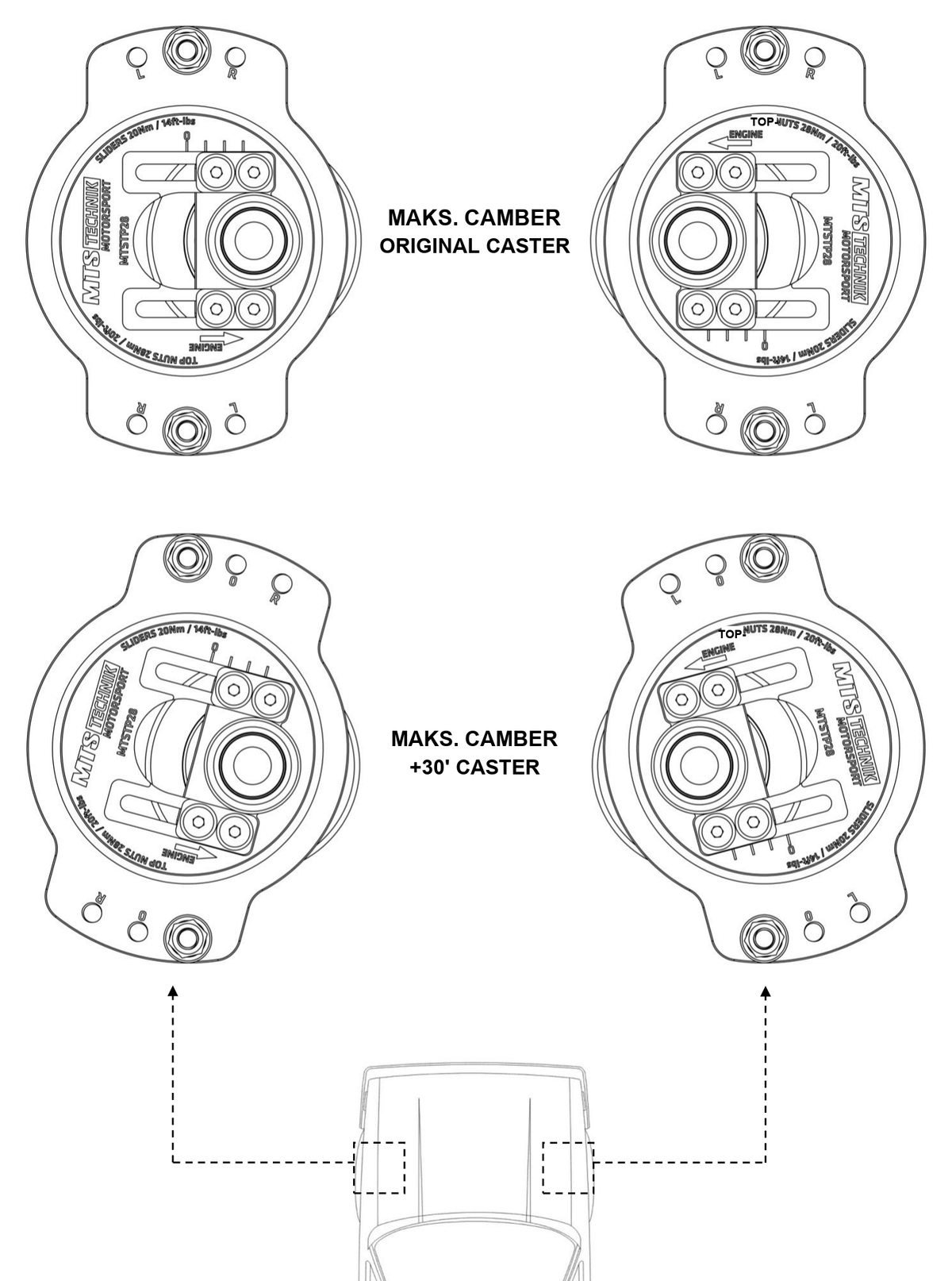 MTS camber plates: indstillinger for camber og caster på fører- og passagerside