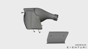 Sort Eventuri carbon intake system med sekundær kanal til Audi B9 RS5/RS4, inklusive luftfilter og monteringsbeslag, vist mod hv