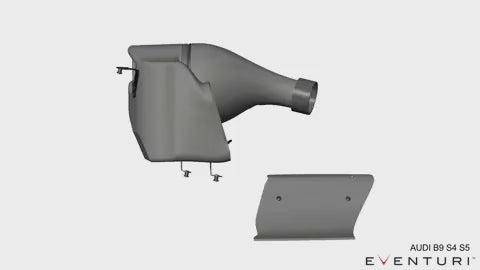 Sort Eventuri carbon intake system med sekundær kanal til Audi B9 RS5/RS4, inklusive luftfilter og monteringsbeslag, vist mod hv