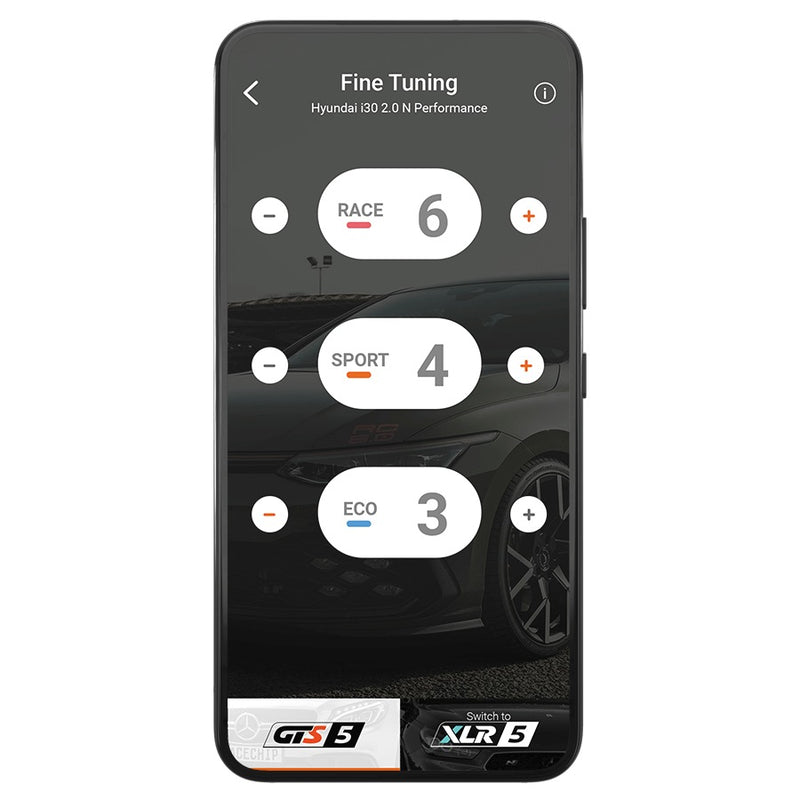 RaceChip plus-app med individuelle GTS5 finjusteringsniveauer